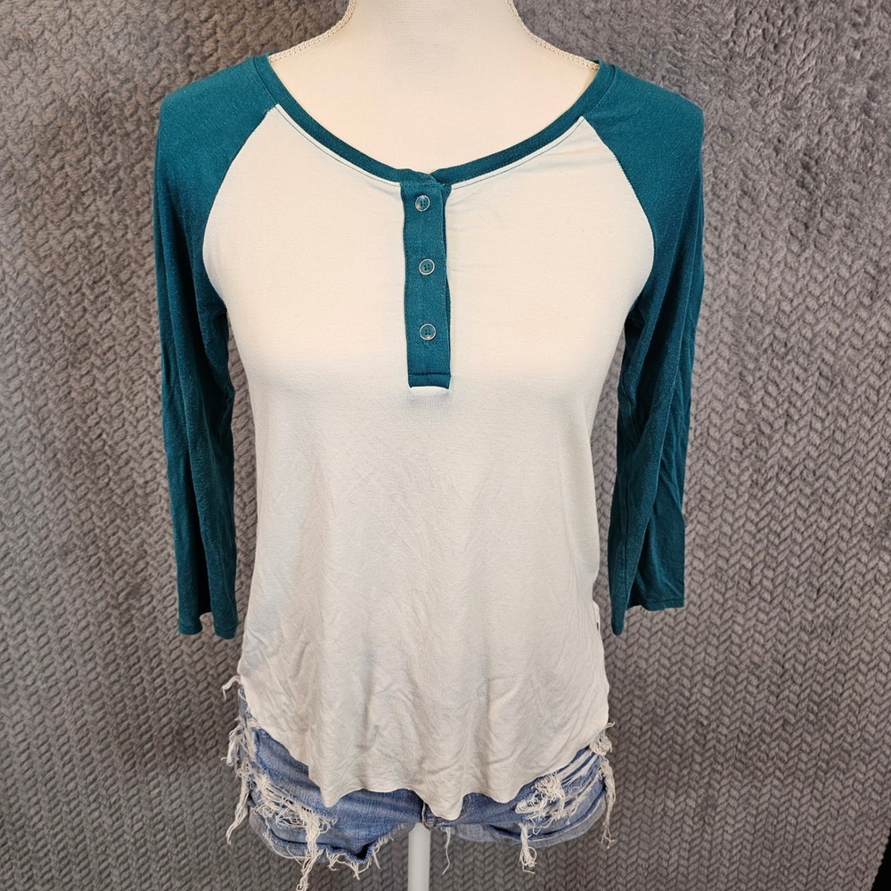 American Eagle Soft & Sexy‎ Raglan Henley Top Cream Teal 3/4 Sleeve Small